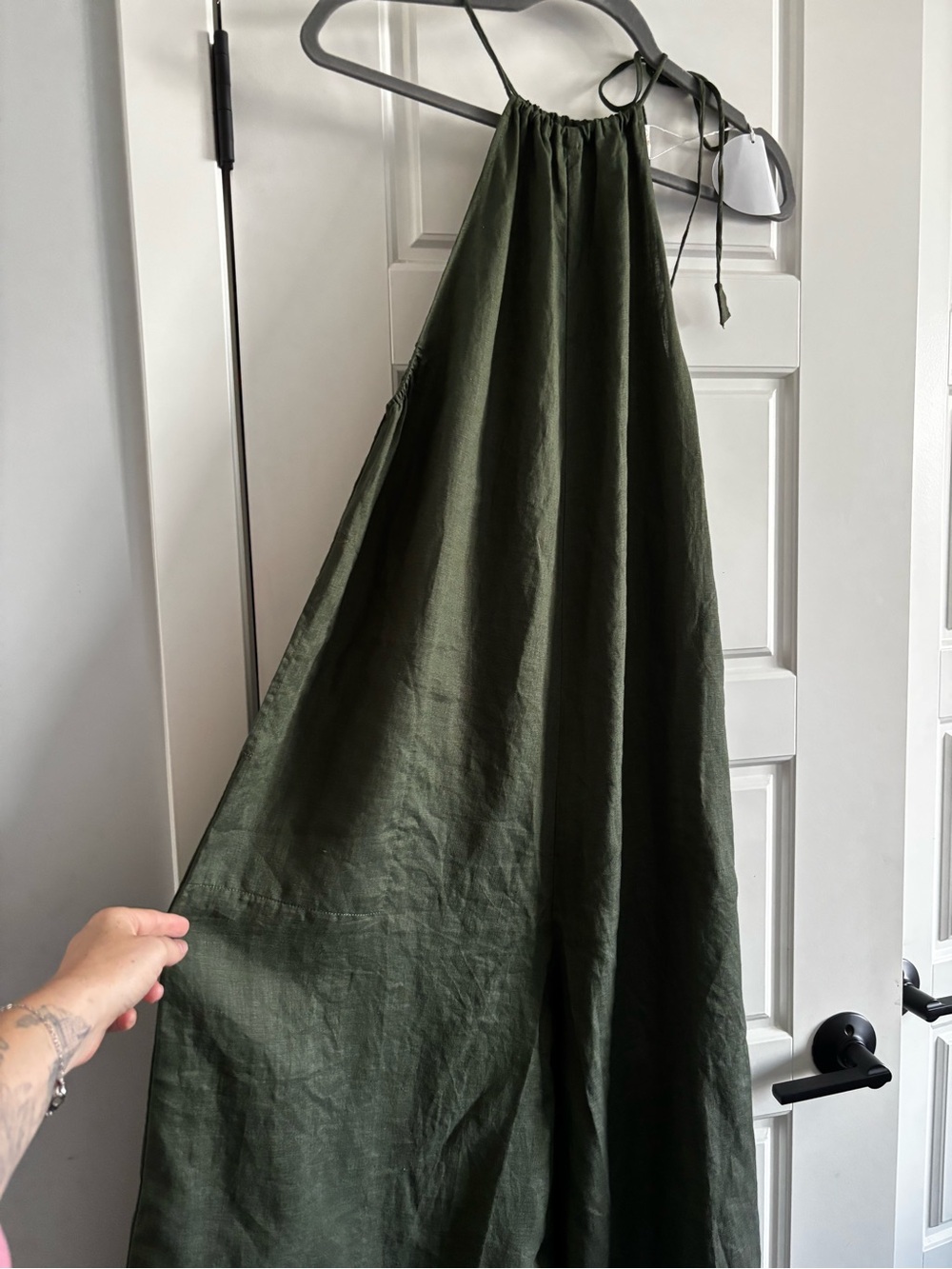 NWT Myrah Penaloza 100% French Linen wide leg jumpsuit forest green size S M - Picture 5 of 6